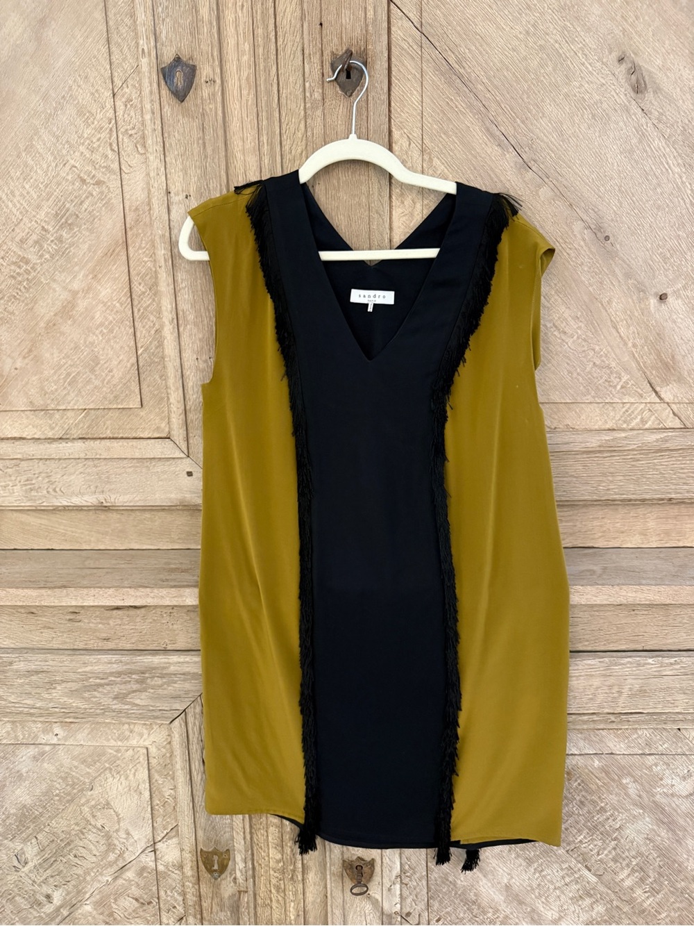 Sandro Olive and Black Fringe V-Neck Shift Dress